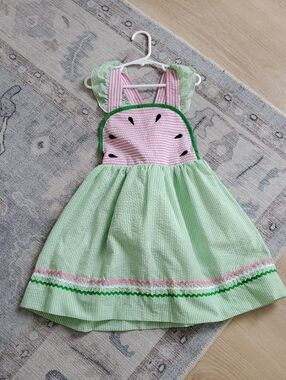 Smocked Sweets Girs Watermelon Seersucker Pink Green Dress Sz5T